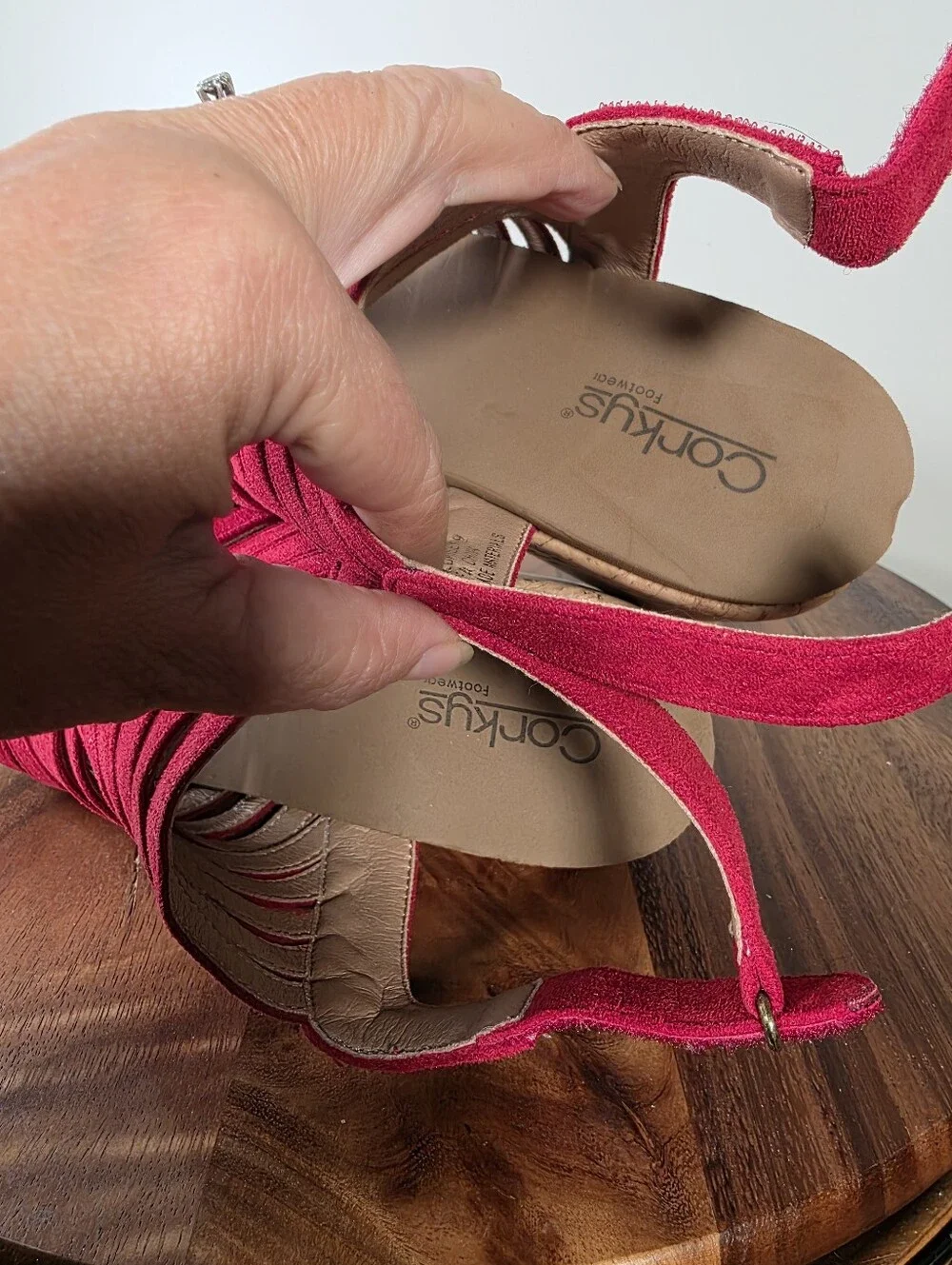 Corkys Oopsie Daisey Red Faux Suede Cork Wedge Sandals Size 9